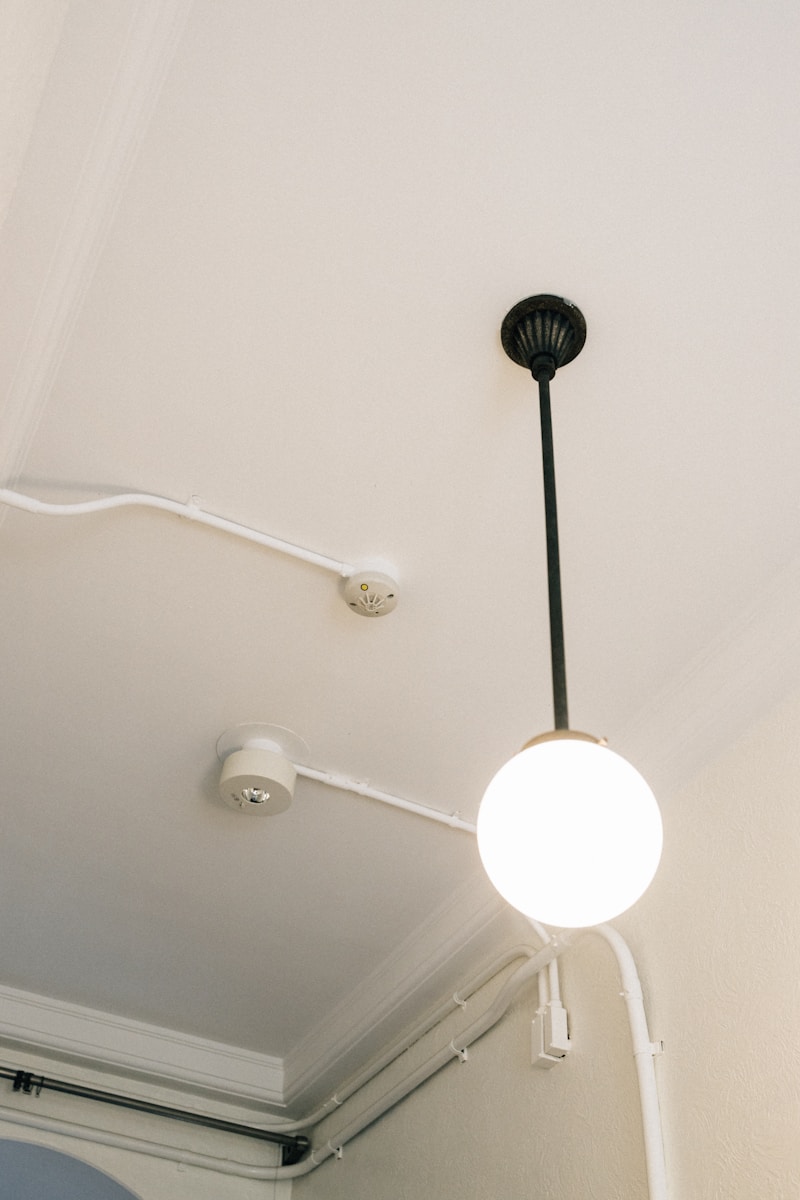 A modern globe pendant light hangs from ceiling.